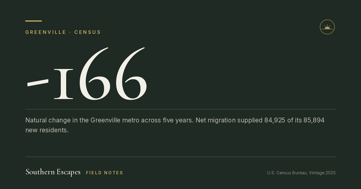 -166. Natural change in the Greenville metro across five years. Net migration supplied 84,925 of its 85,894 new residents.