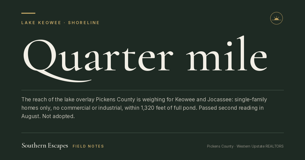 Quarter mile. The reach of the lake overlay Pickens County is weighing for Keowee and Jocassee: single-family homes only, no commercial or industrial, within 1,320 feet of full pond. Passed second reading in August. Not adopted.