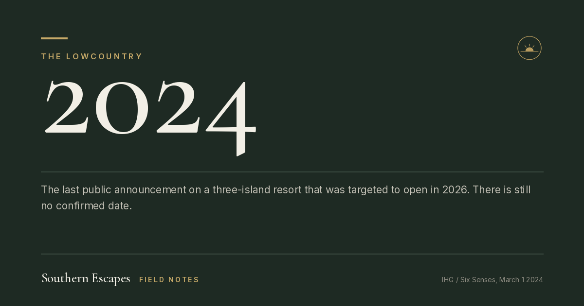 2024. The last public announcement on a three-island resort that was targeted to open in 2026. There is still no confirmed date.