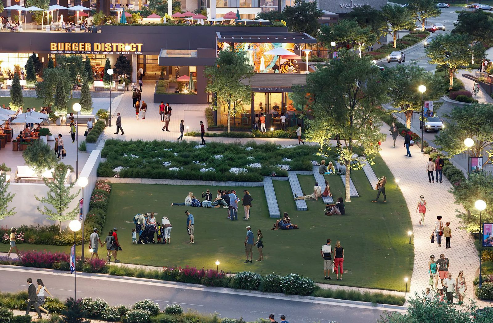 Rendering of a public green in the Bolden Street District, with restaurants and terraces around a lawn at dusk