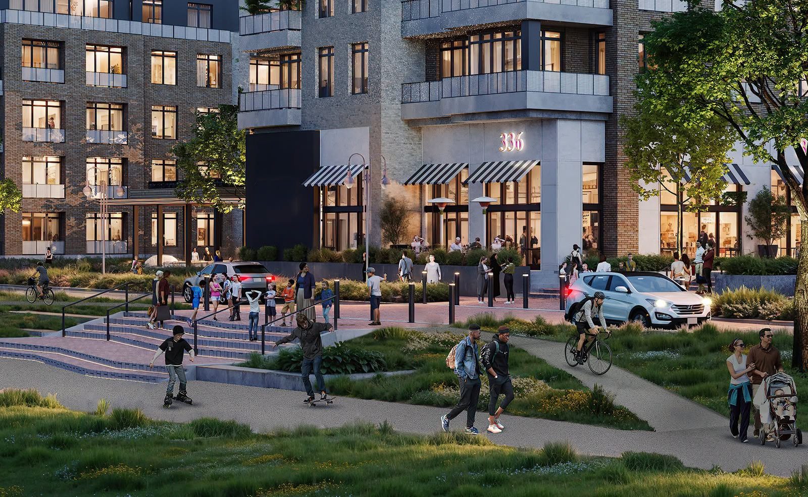 Rendering of Bolden Street District buildings fronting a path used by walkers, cyclists and skaters