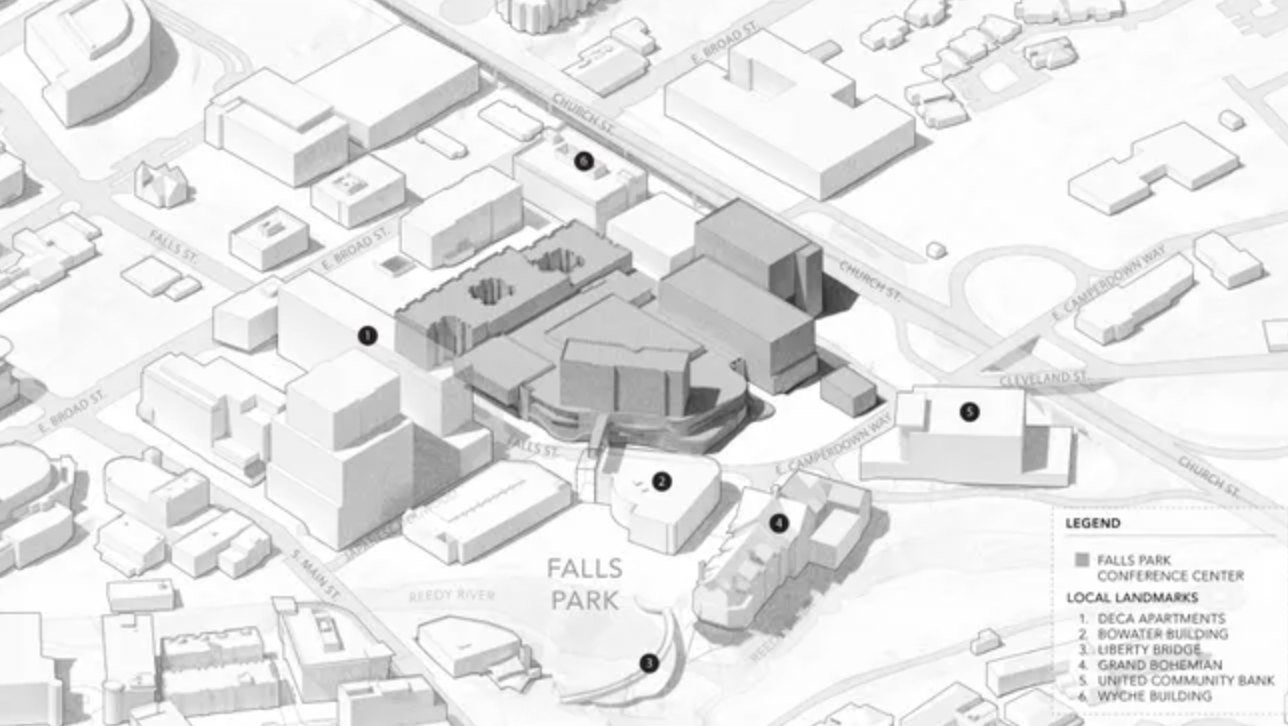 Illustrated map of downtown Greenville with the Falls Park Conference Center site shaded between Falls Street and East Camperdown Way, above Falls Park