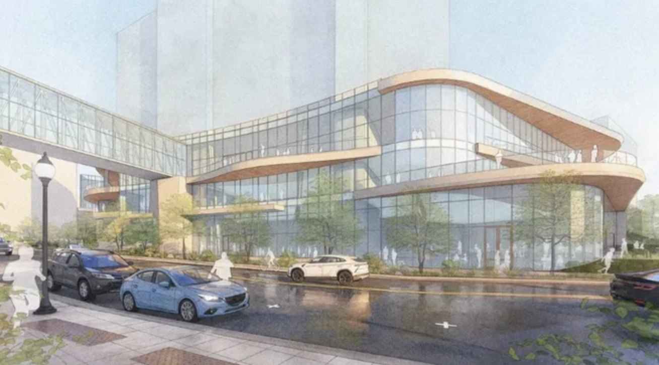 Watercolor rendering of a curved glass conference center seen from the street, with an enclosed glass skybridge at left