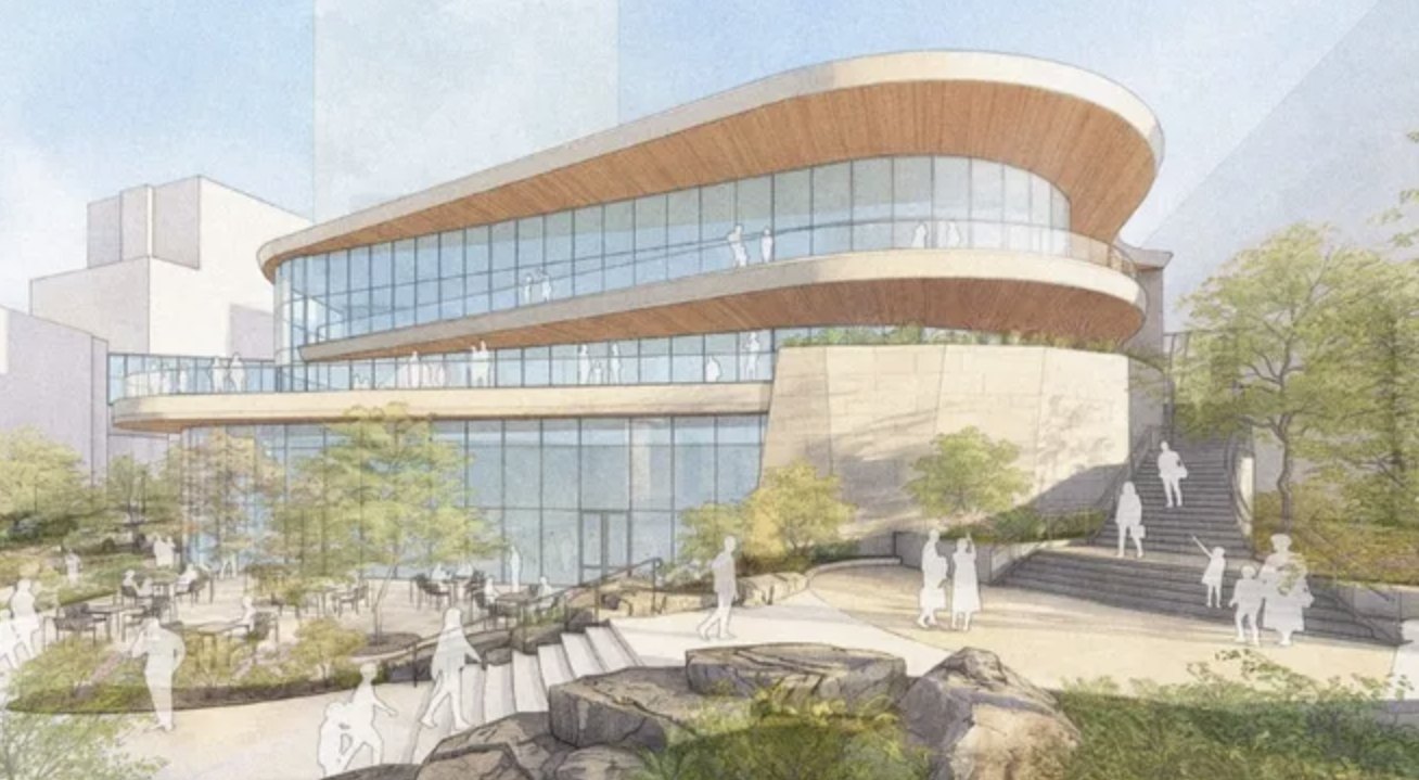 Watercolor rendering of the conference center's curved glass upper floors above a stone base, with a plaza, cafe tables and wide stairs