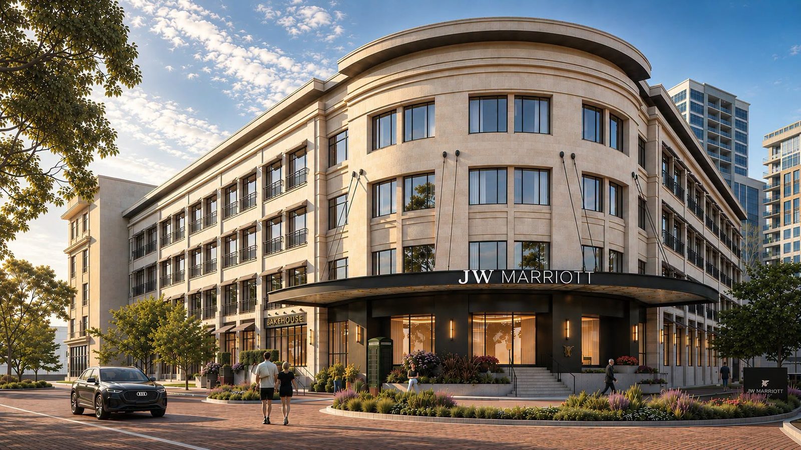 The JW Marriott Greenville at 55 East Camperdown Way, corner entrance rendering