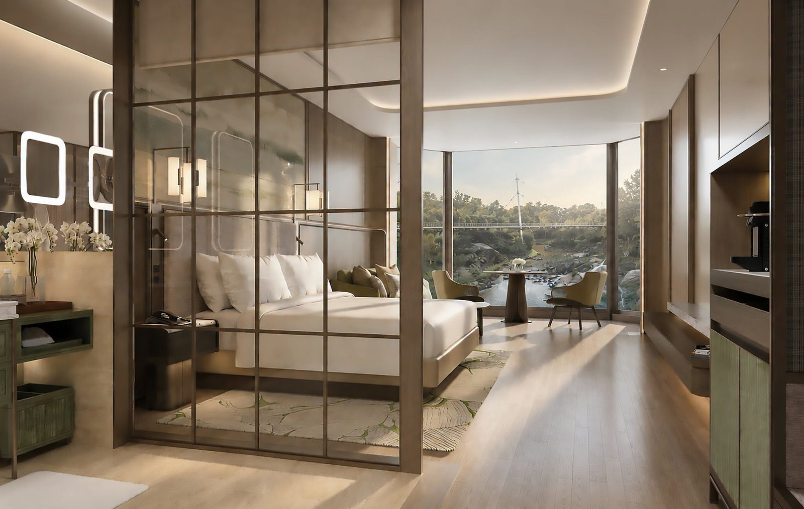 A JW Marriott guest room overlooking the Reedy River and the Liberty Bridge