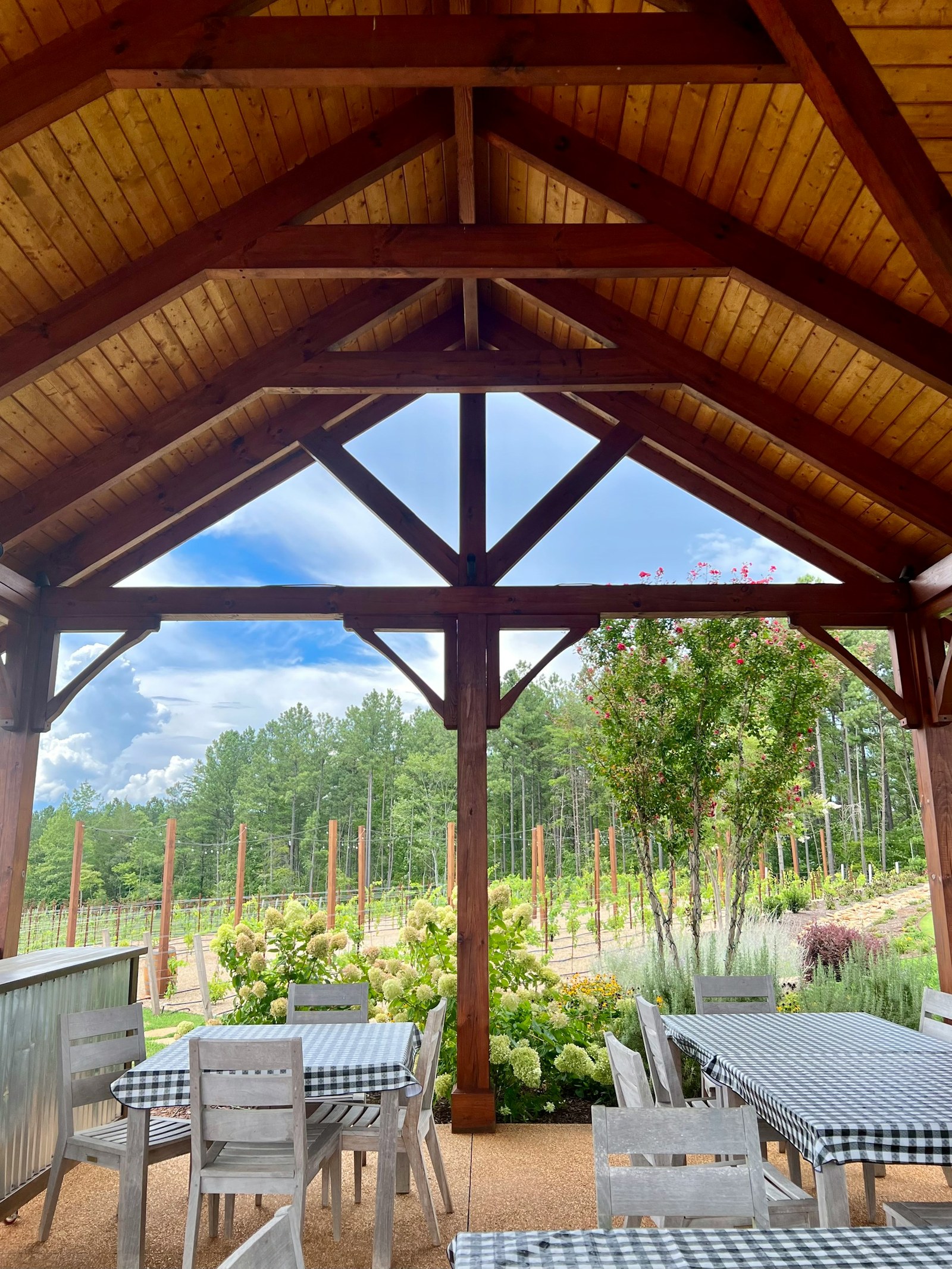 Open timber-framed tasting pavilion with gingham-covered tables looking out over vineyard rows in the Tryon Foothills, North Carolina
