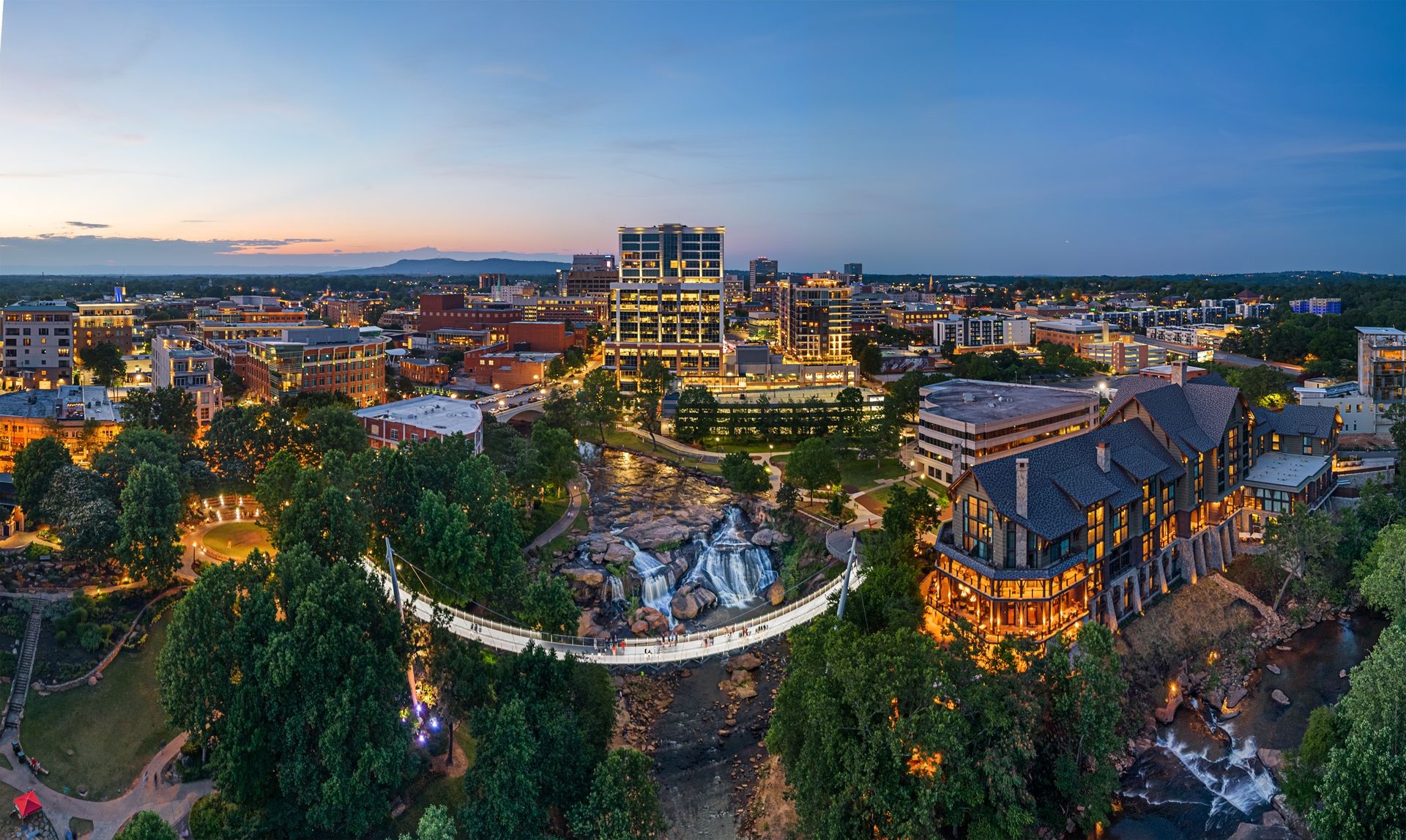 Falls Park and the Liberty Bridge at dusk, downtown Greenville