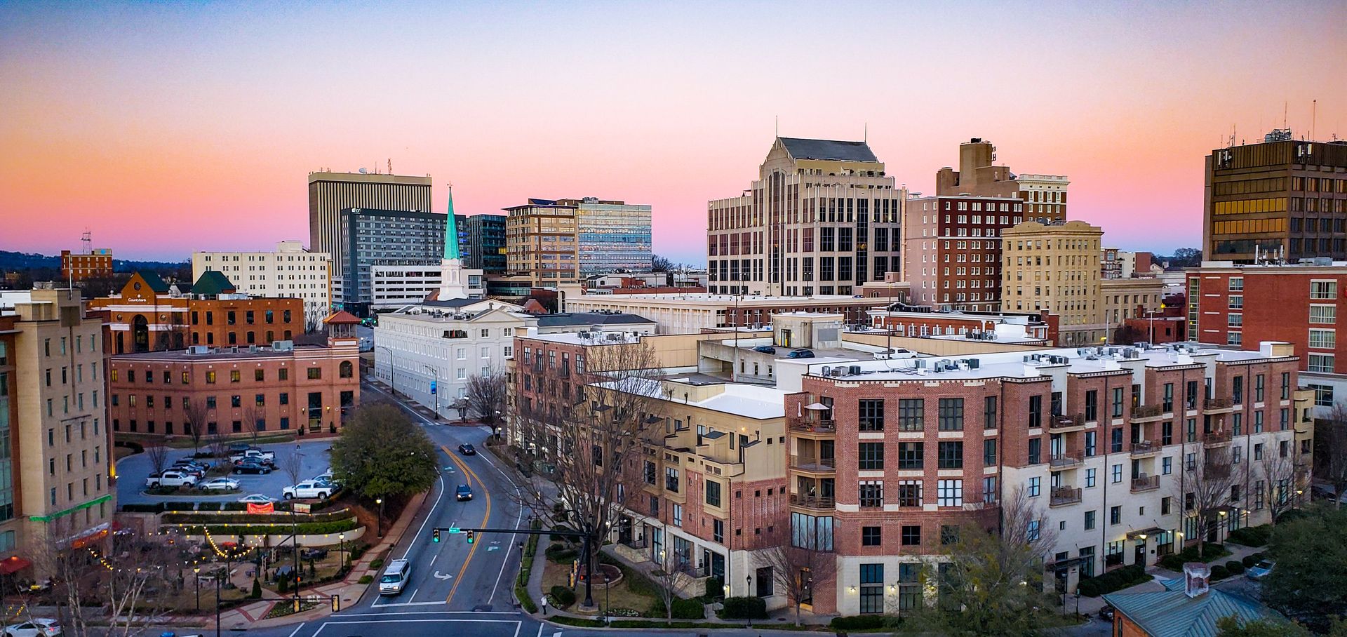 The downtown Greenville skyline at sunset