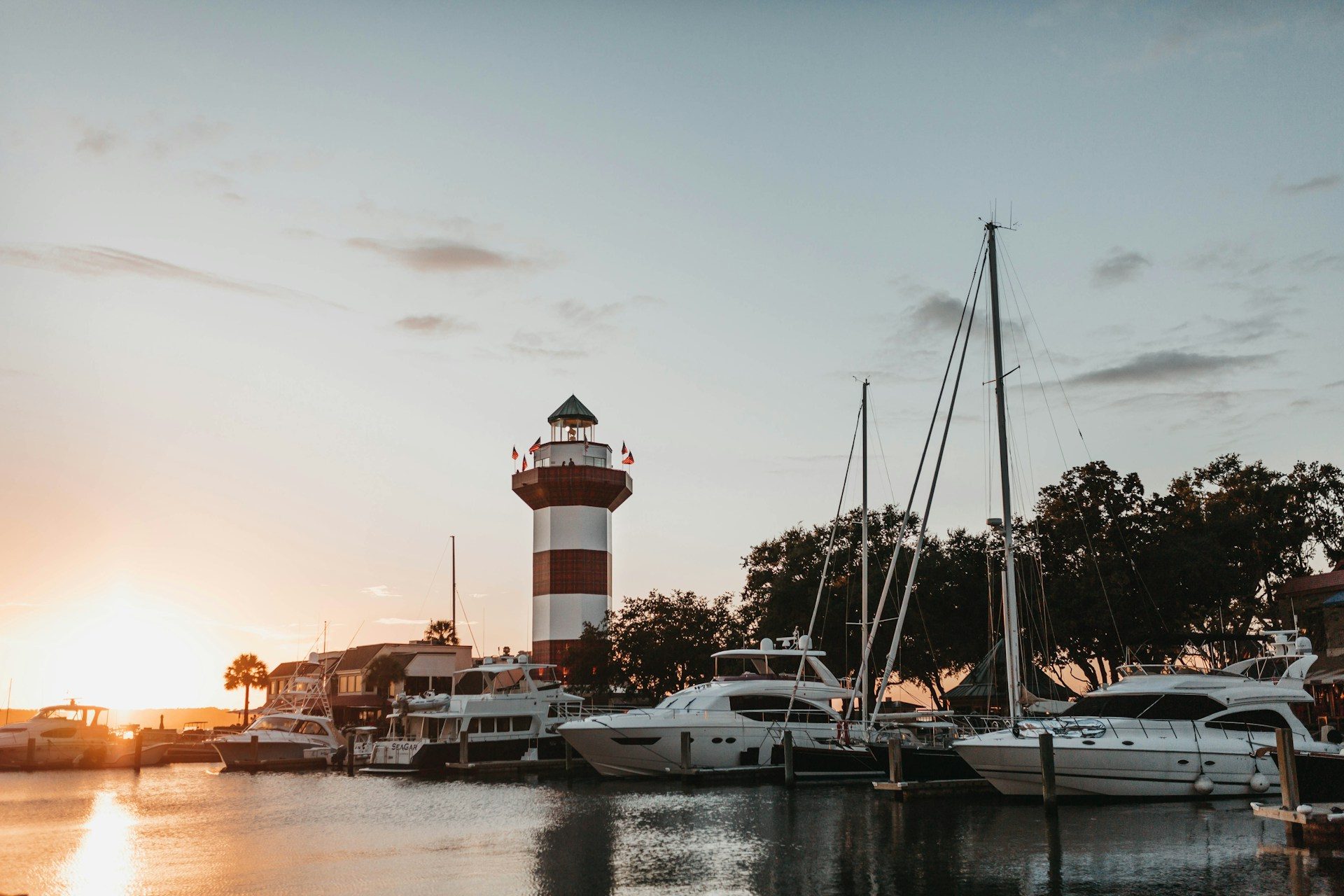 The Harbour Town lighthouse and marina at sunset, Sea Pines