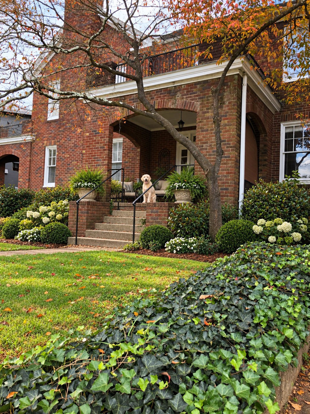 A red brick home with an arched front porch, autumn leaves and a golden retriever on the steps, in Greenville's Heritage Historic District