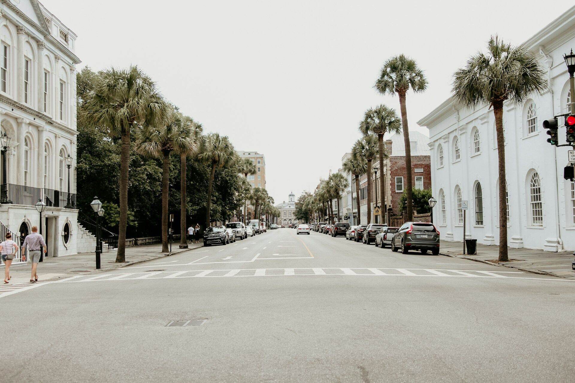 Broad Street early, empty, palmettos along the sidewalk