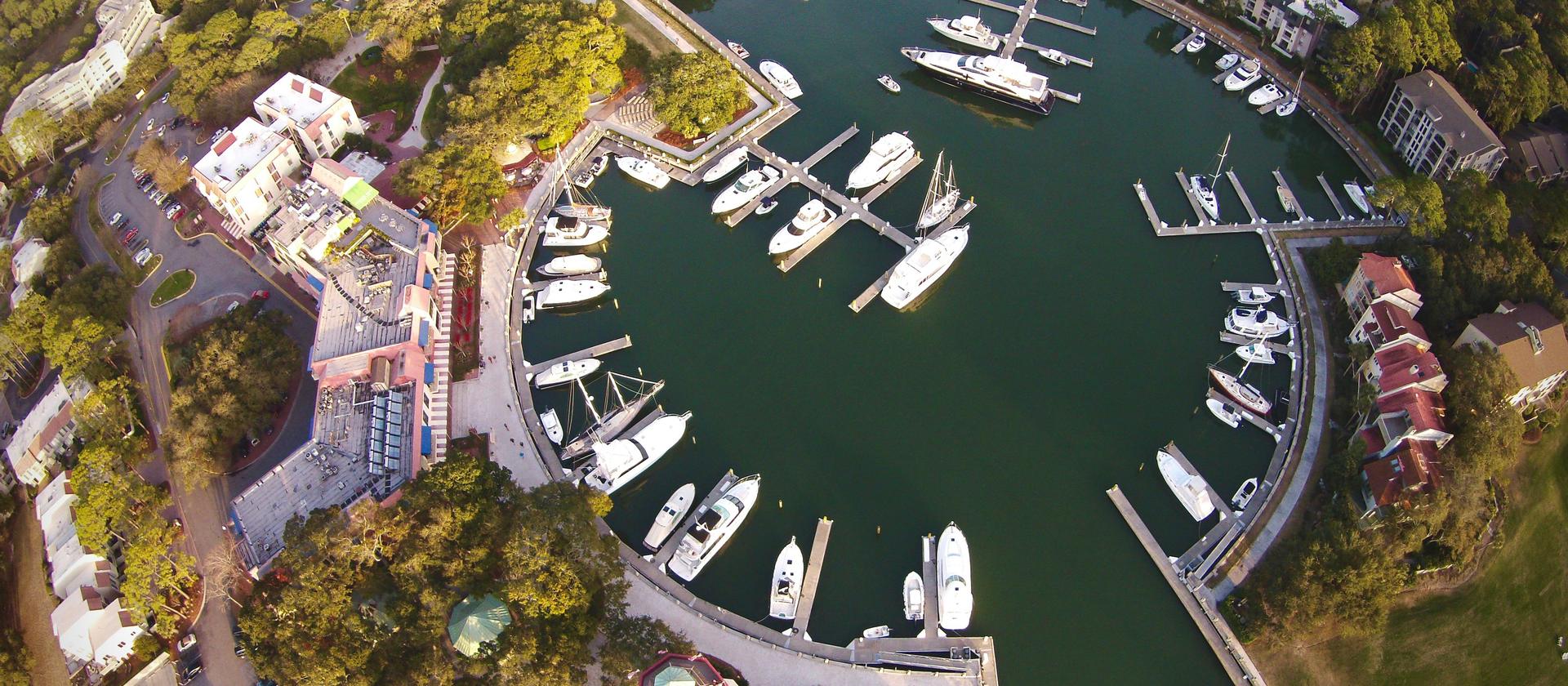 The Harbour Town yacht basin in Sea Pines, seen from directly above