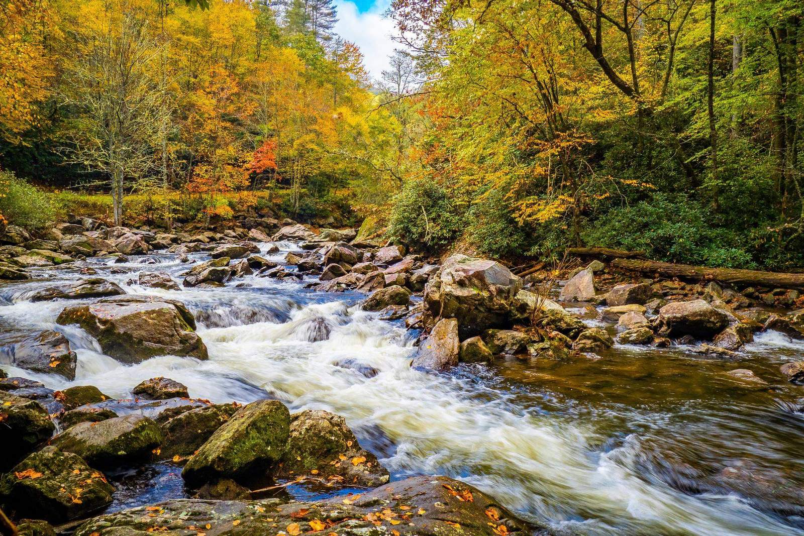 The Cullasaja River running over rock in autumn, between Franklin and Highlands