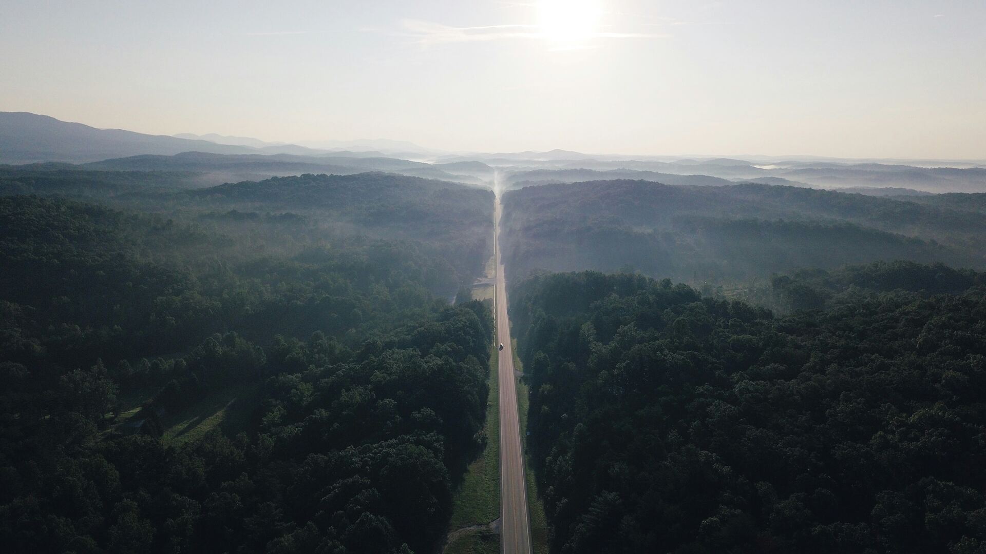 Highway 11, the Cherokee Foothills Scenic Highway, running straight toward the Blue Ridge