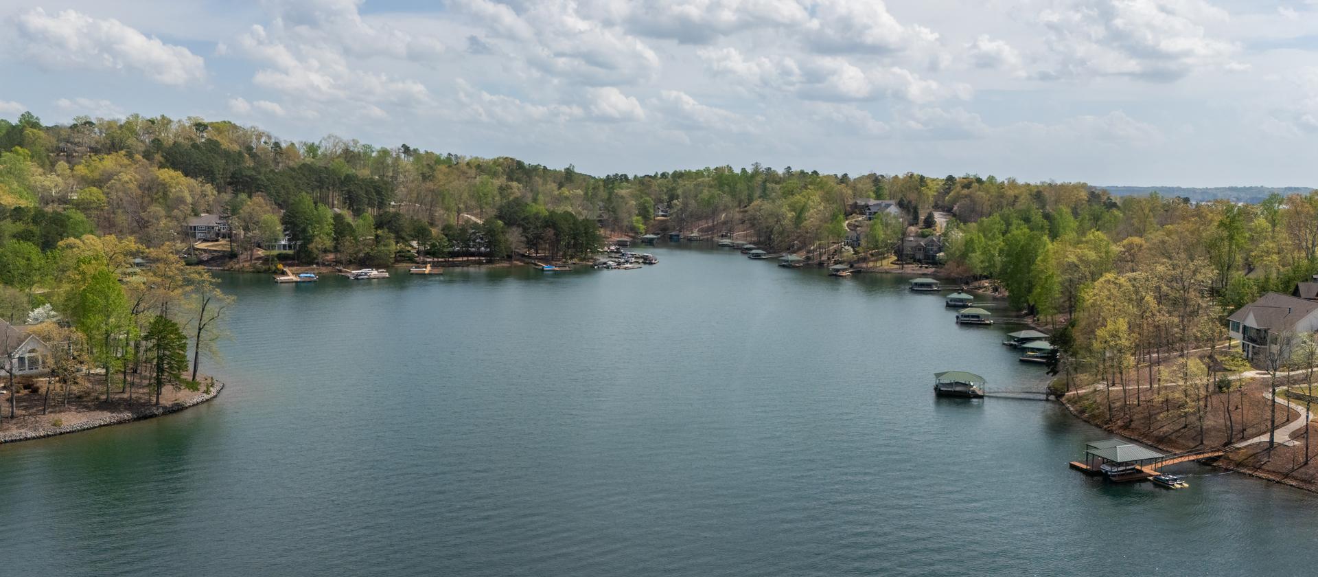Private docks lining a cove on Lake Keowee