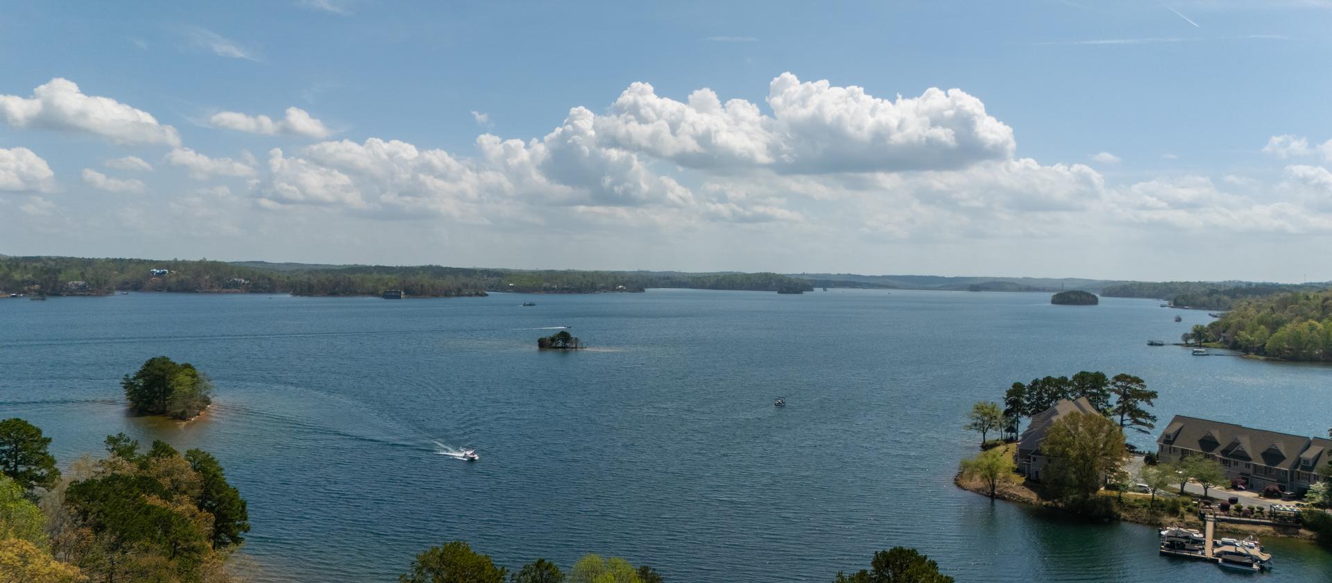 Open water on Lake Keowee with the Blue Ridge on the horizon