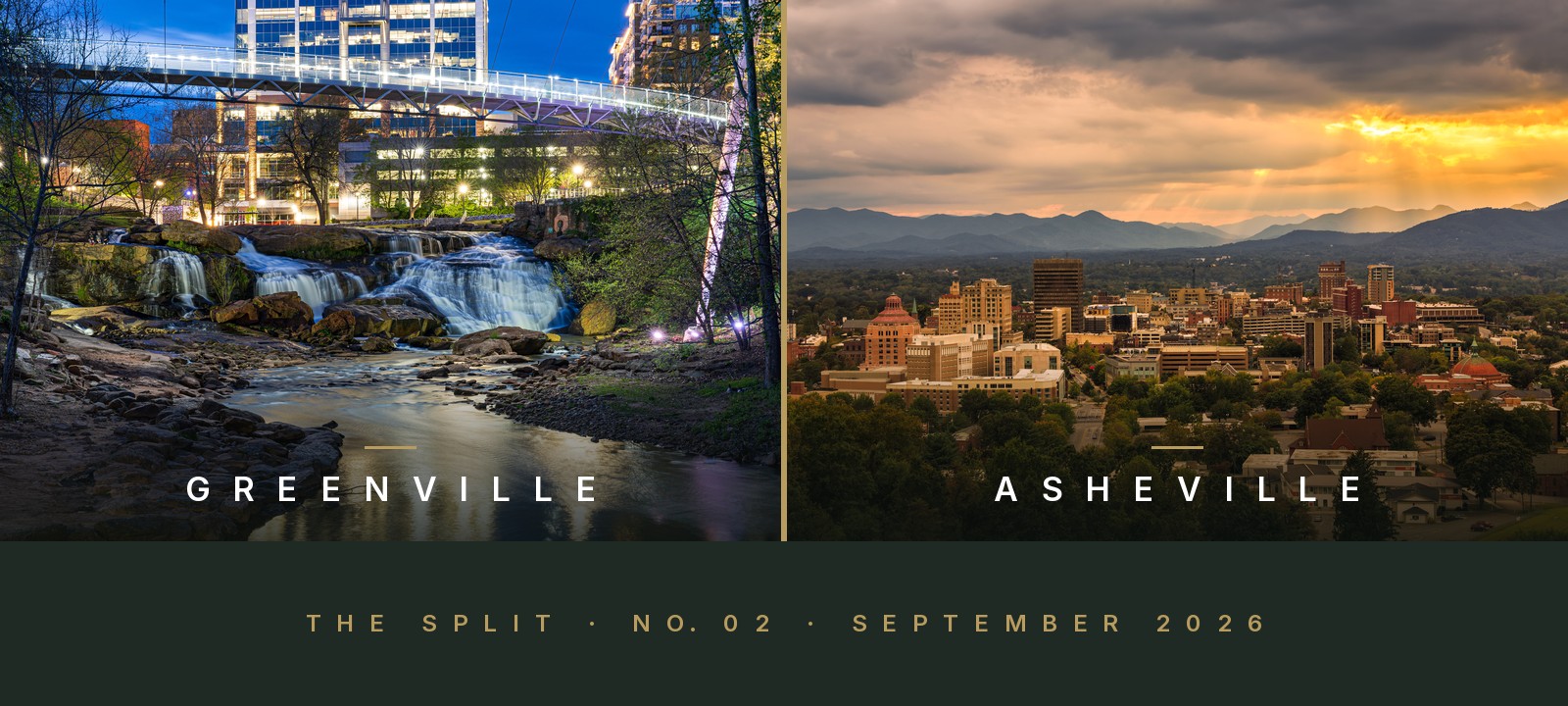 Falls Park and the Liberty Bridge in Greenville, South Carolina at dusk, beside downtown Asheville, North Carolina under a mountain sunset